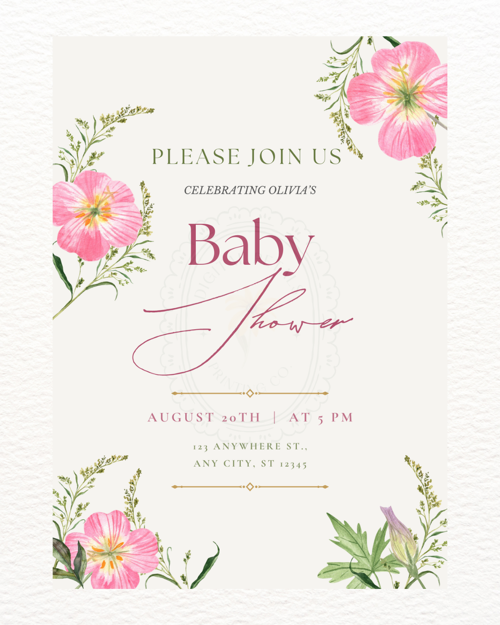 Pink Wildflower Baby Shower Invitation | Minimalist Printable Invite | Digital Download