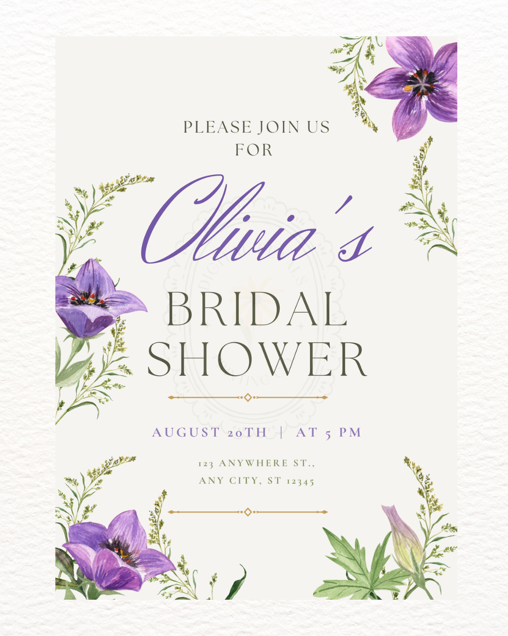 Violet Wildflower Bridal Shower Invitation | Minimalist Printable Invite | Digital Download