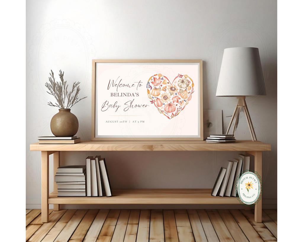 Autumn Baby Shower Welcome Sign | Rustic Heart Floral Border | Editable Canva Digital Download | Print at Home