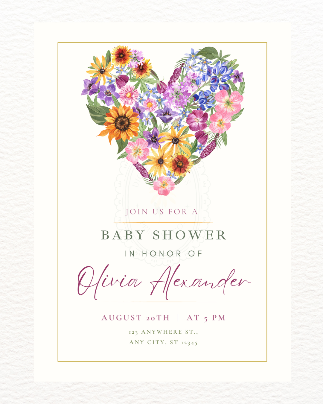 Wildflower Heart Baby Shower Invitation — Editable Digital Download Template