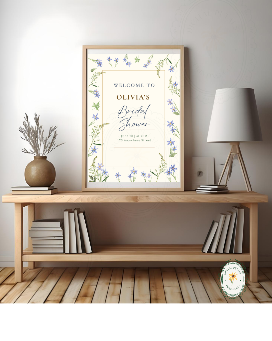 Dusty Blue Floral Botanical Bridal Shower Welcome Sign | Editable Canva Template | Digital Download