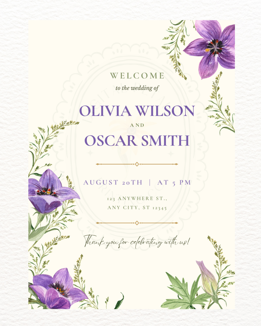 Violet & Periwinkle Wildflower Wedding Welcome Sign | Editable Canva Template | Digital Download