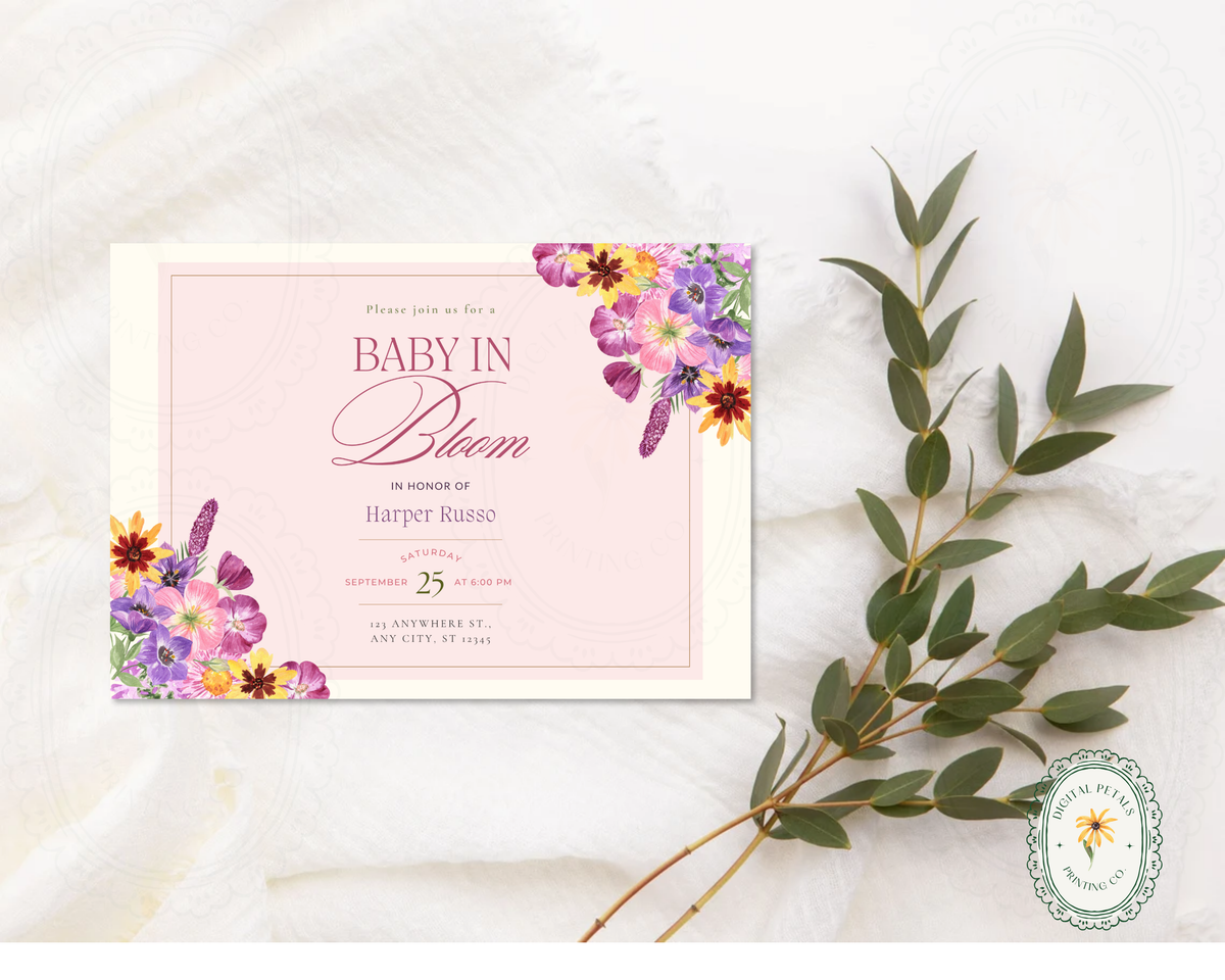Baby in Bloom Spring Boho Baby Shower Invitation | Landscape Digital Download | Canva Editable