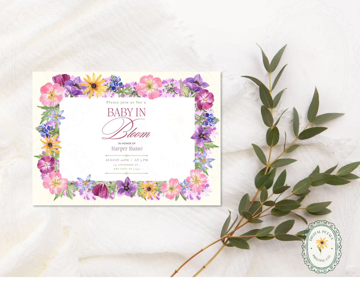 Baby in Bloom Baby Shower Wildflower Invitation | Floral Landscape Digital Download | Canva Editable
