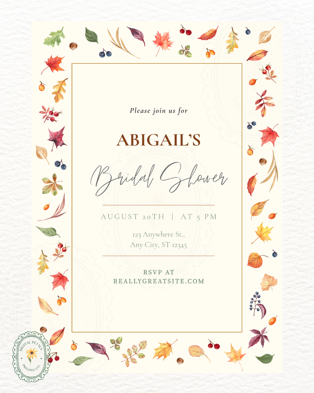 Fall Leaves Bridal Shower Invitation Template | Terracotta & Cream | Digital Download