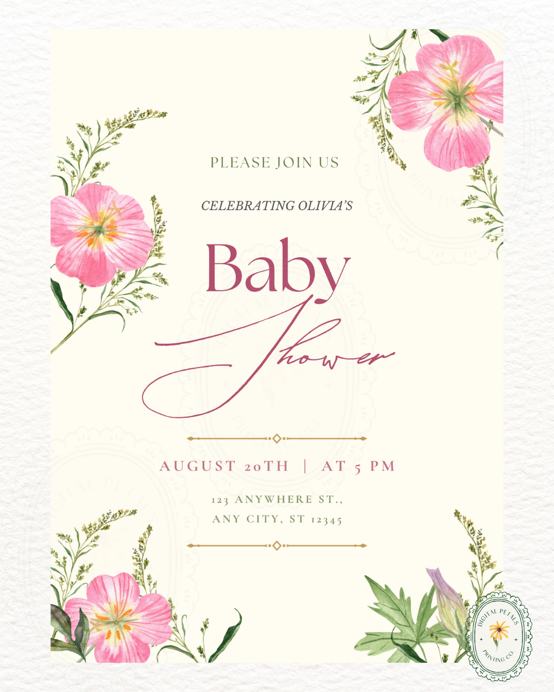 Dusty Rose & Blush Pink Wildflower Baby Shower Invitation | Minimalist Printable Invite | Digital Download