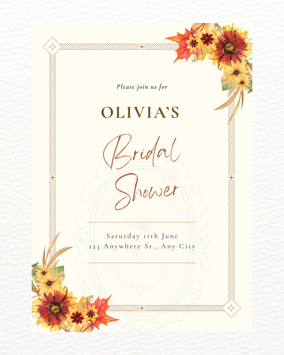 Rustic Fall Wildflowers Bridal Shower Invitation Template | Hand Painted Cottagecore Digital Download