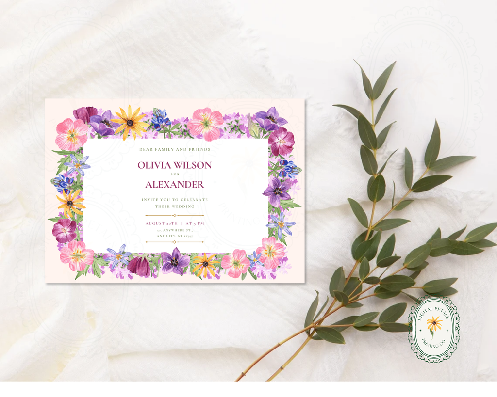 Dusty Lilac Wildflower Border Wedding Landscape Invitation | Printable Landscape Template | Digital Download