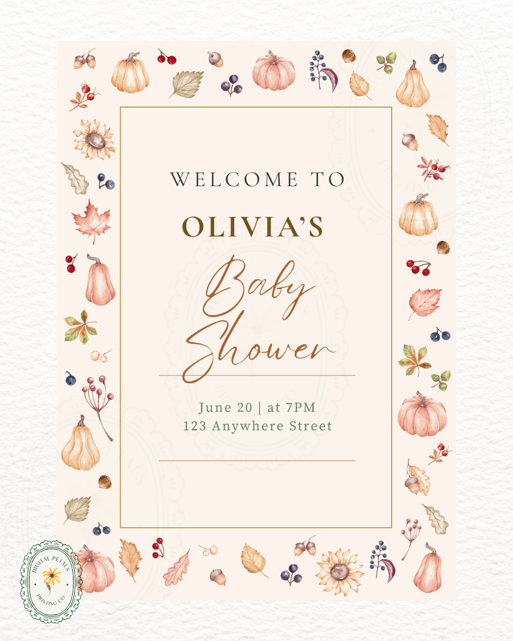 Autumn Harvest Wildflowers Baby Shower Welcome Sign Template | Editable Canva Digital Download