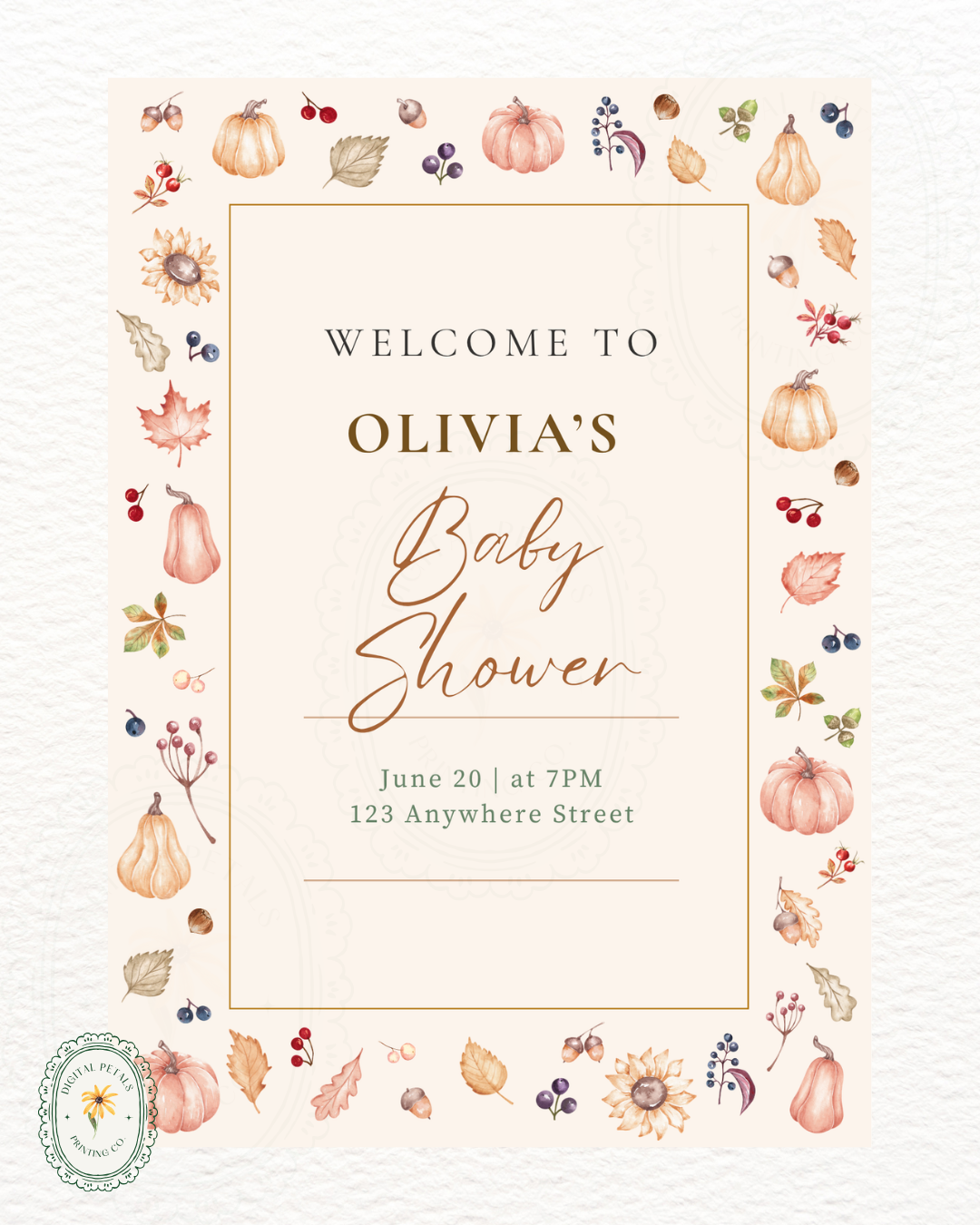 Autumn Harvest Wildflowers Baby Shower Welcome Sign Template | Editable Canva Digital Download