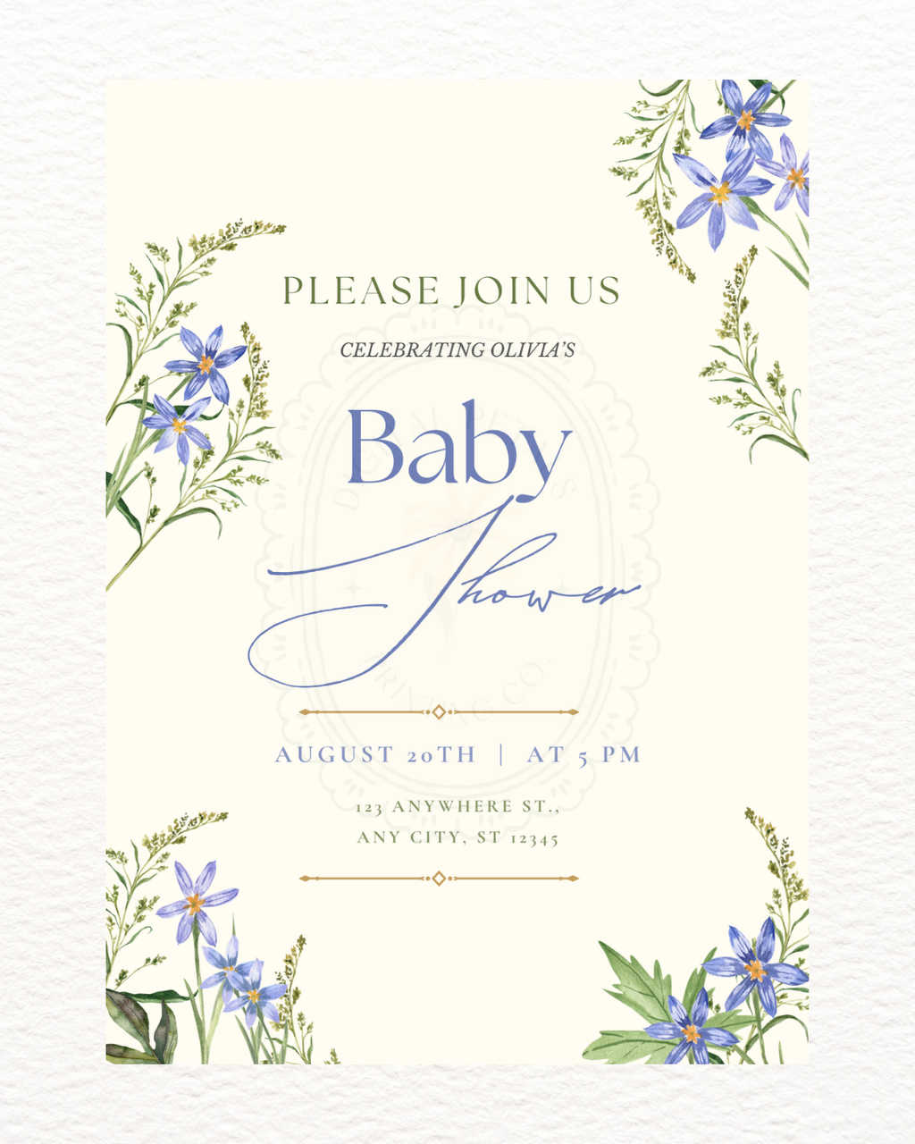 Powder Blue Wildflower Baby Shower Invitation | Minimalist Printable Invite | Digital Download