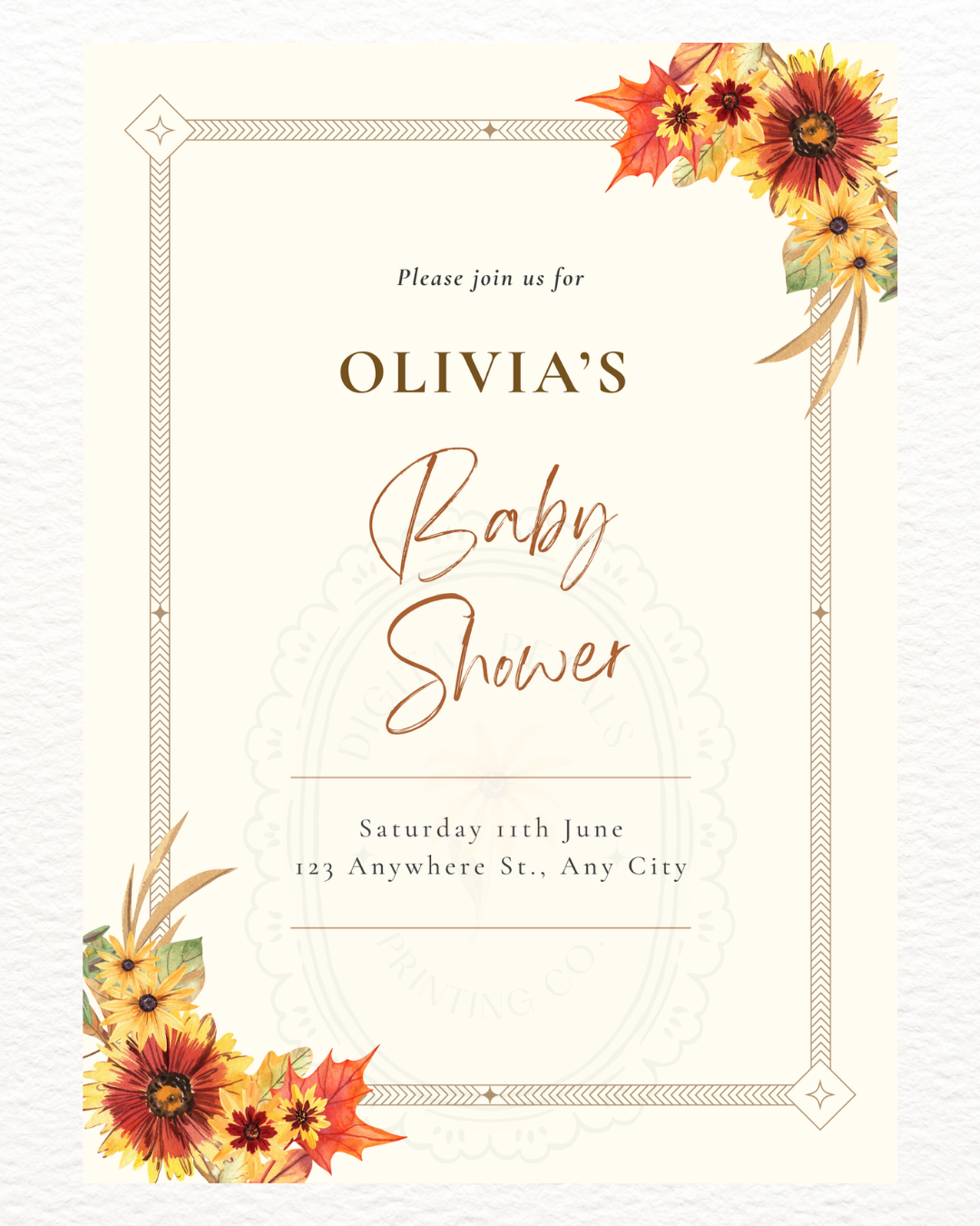 Rustic Fall Wildflowers Baby Shower Invitation Template | Hand Painted Cottagecore Digital Download