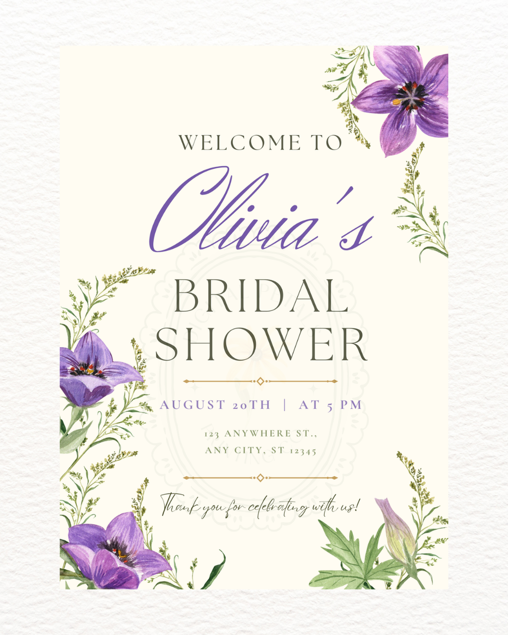 Violet Wildflower Bridal Shower Welcome Sign | Editable Canva Template | Digital Download