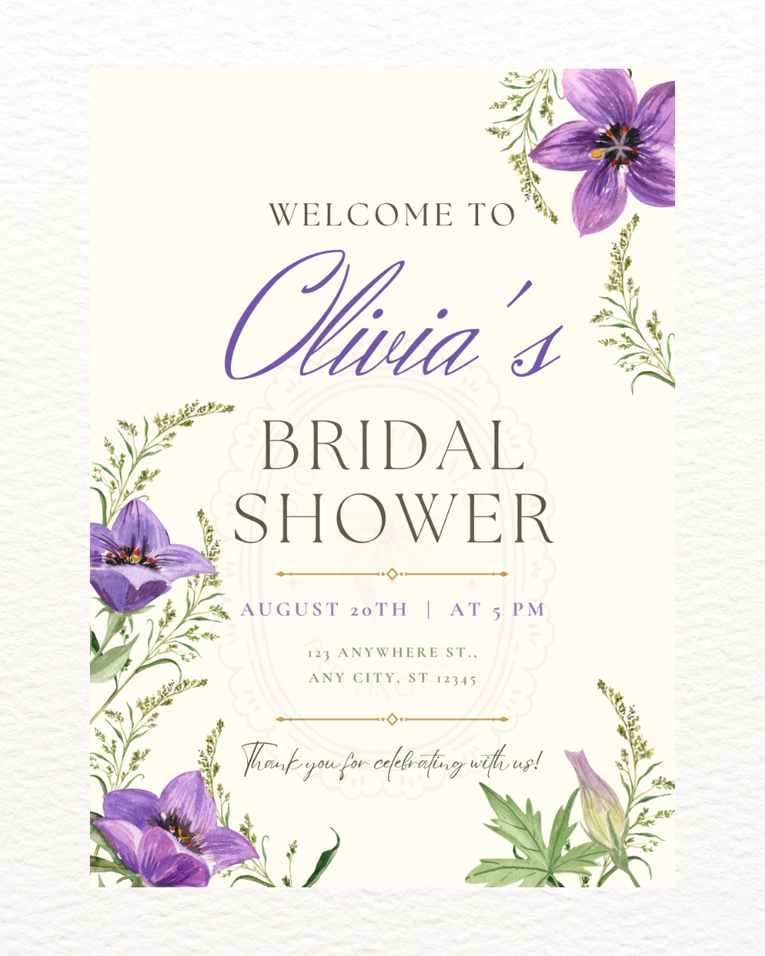 Violet Wildflower Bridal Shower Welcome Sign | Editable Canva Template | Digital Download