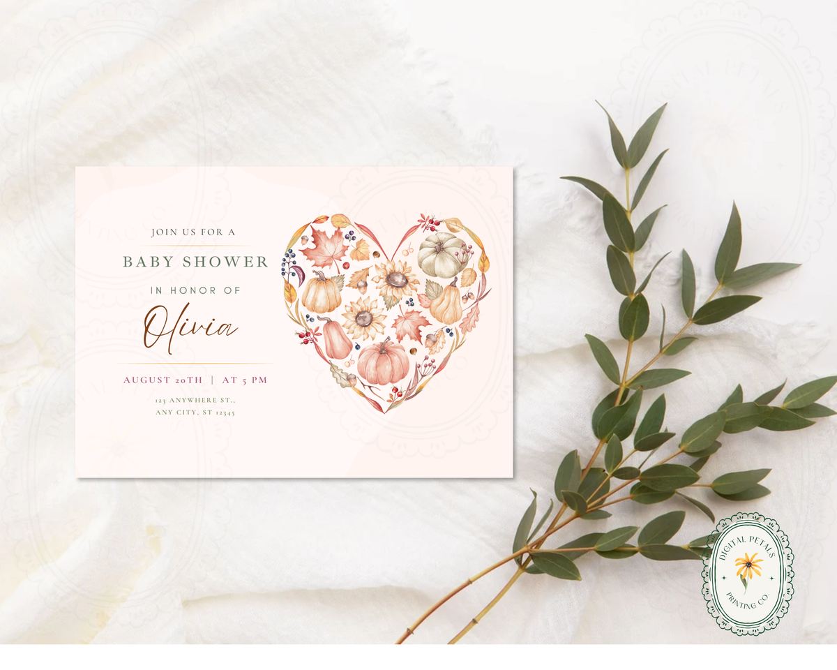Autumn Heart Baby Shower Invitation | Autumn Floral Landscape | Canva Digital Download