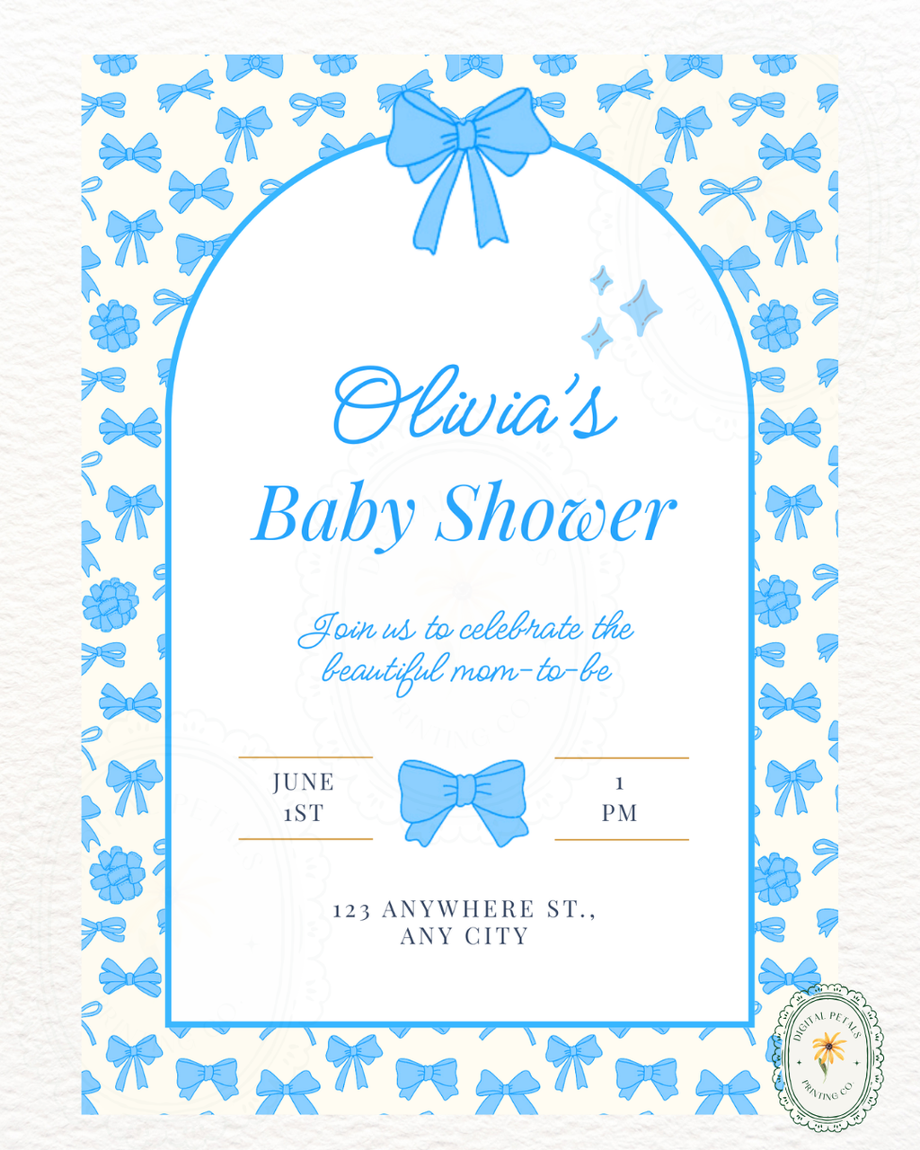 Baby Shower Invitation Template | Powder Blue Ribbons & Bows | Canva Editable