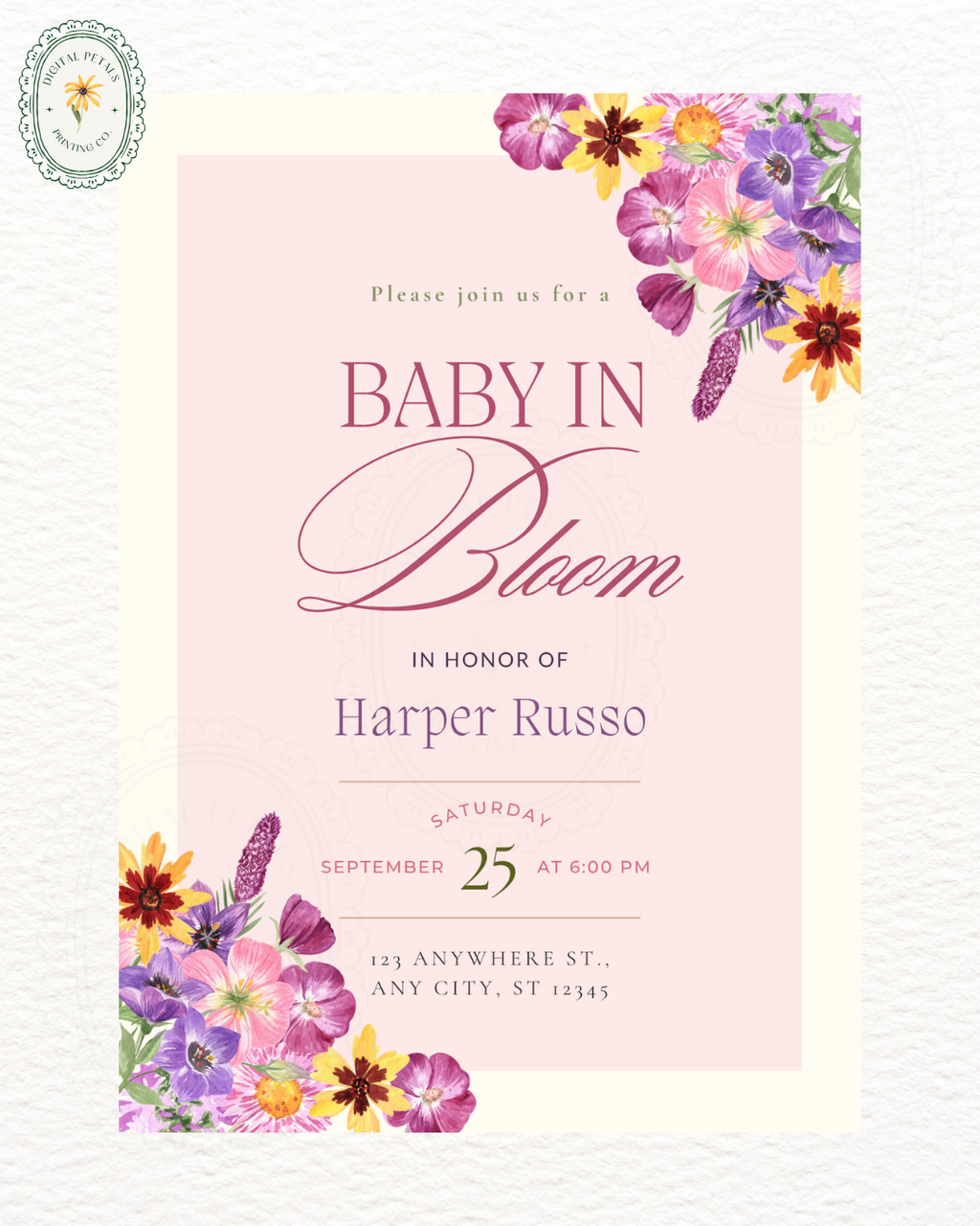 Baby in Bloom Baby Shower Invitation Template | Editable Canva Digital Download