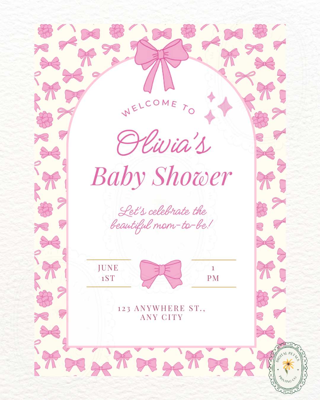 Baby Girl Shower Welcome Sign Template | Pink Ribbons & Bows | Canva Editable
