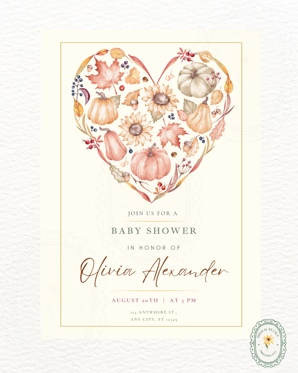 Terracotta & Rust Autumn Heart Baby Shower Invitation | Printable Floral Invite | Digital Download