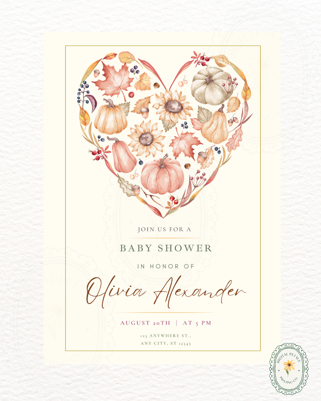 Terracotta & Rust Autumn Heart Baby Shower Invitation | Printable Floral Invite | Digital Download