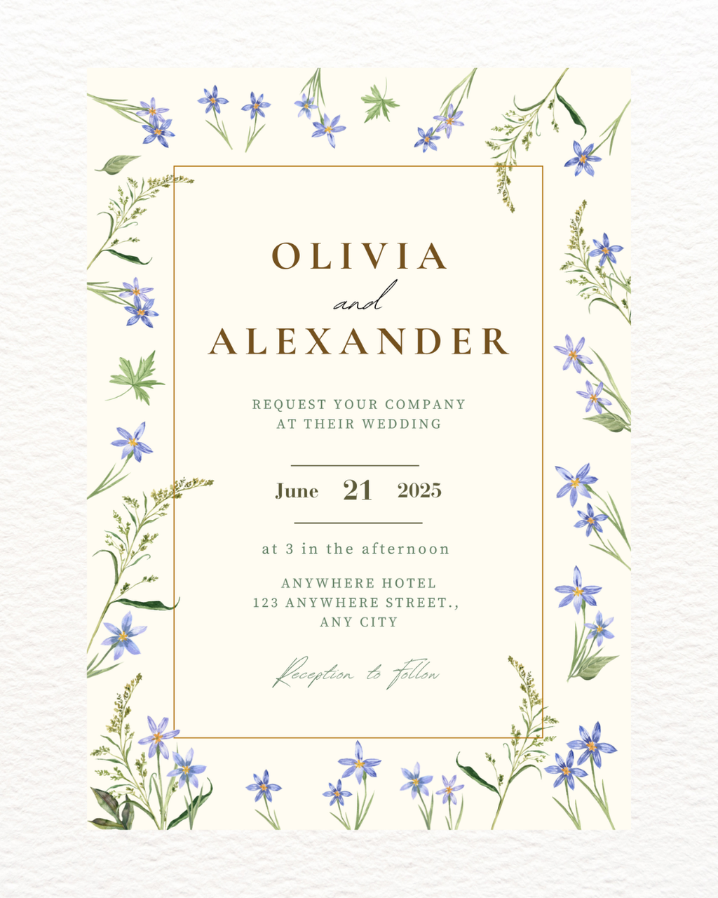 Blue Floral Border Wedding Invitation Template | Editable Digital Download