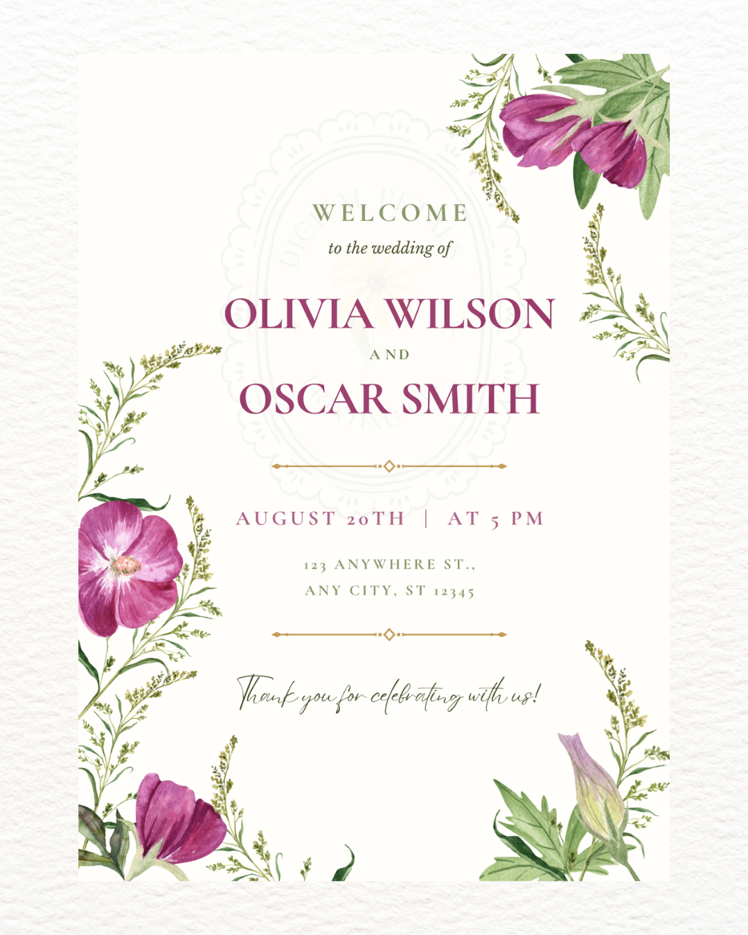 Purple Wildflower Wedding Welcome Sign | Editable Canva Template | Digital Download