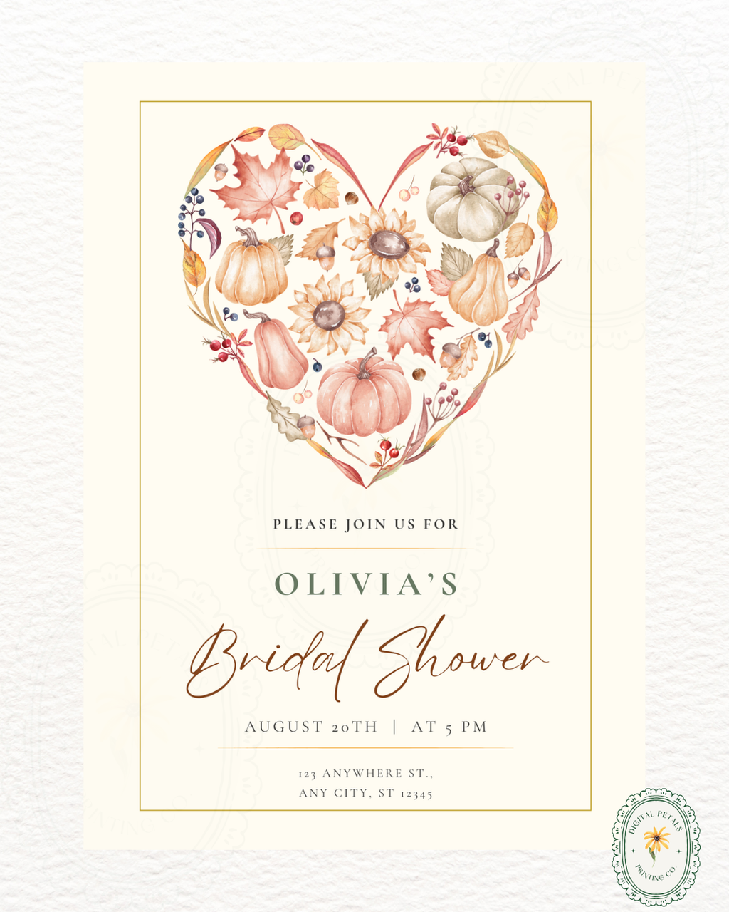 Terracotta & Rust Autumn Heart Bridal Shower Invitation | Printable Floral Invite | Digital Download