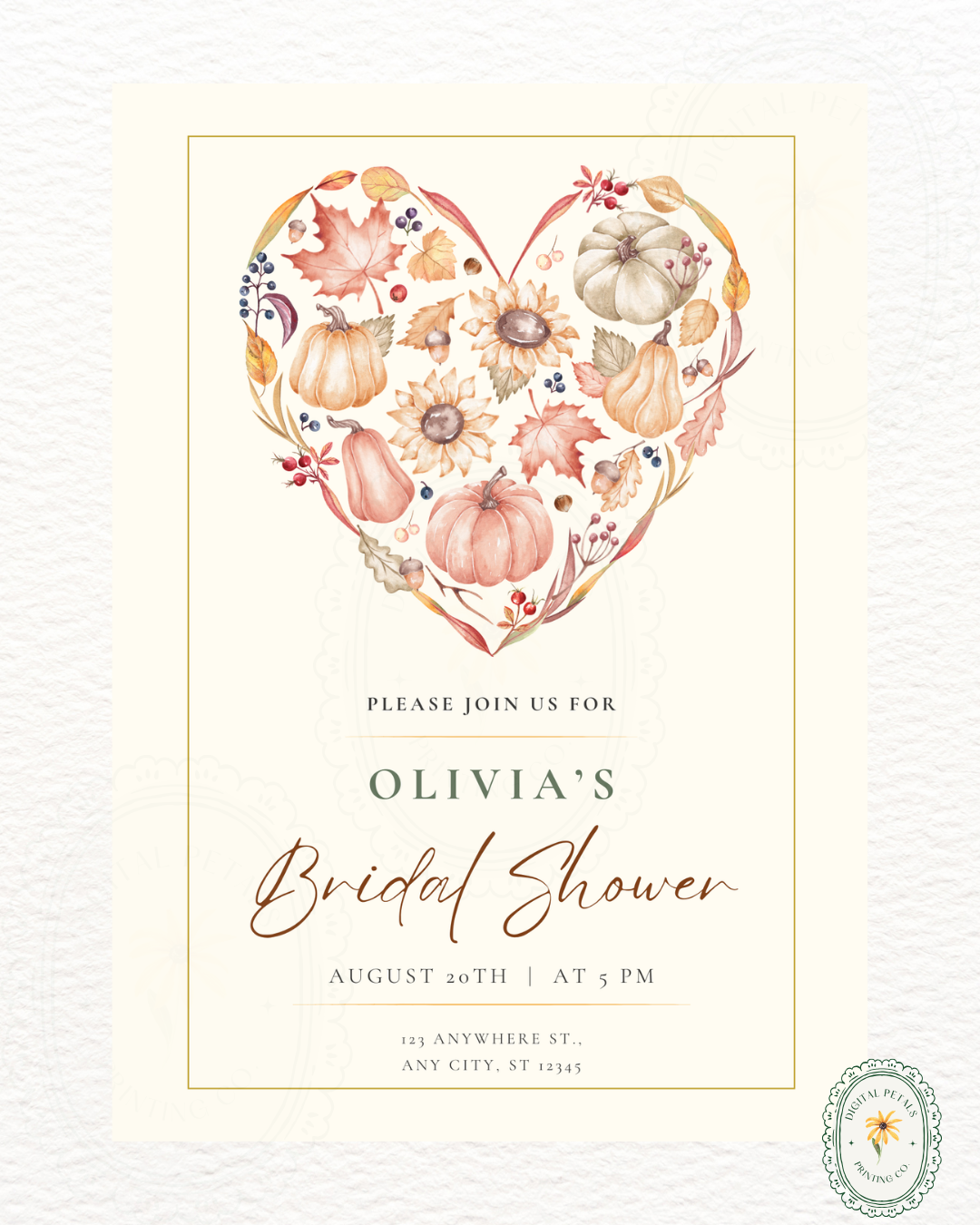 Terracotta & Rust Autumn Heart Bridal Shower Invitation | Printable Floral Invite | Digital Download