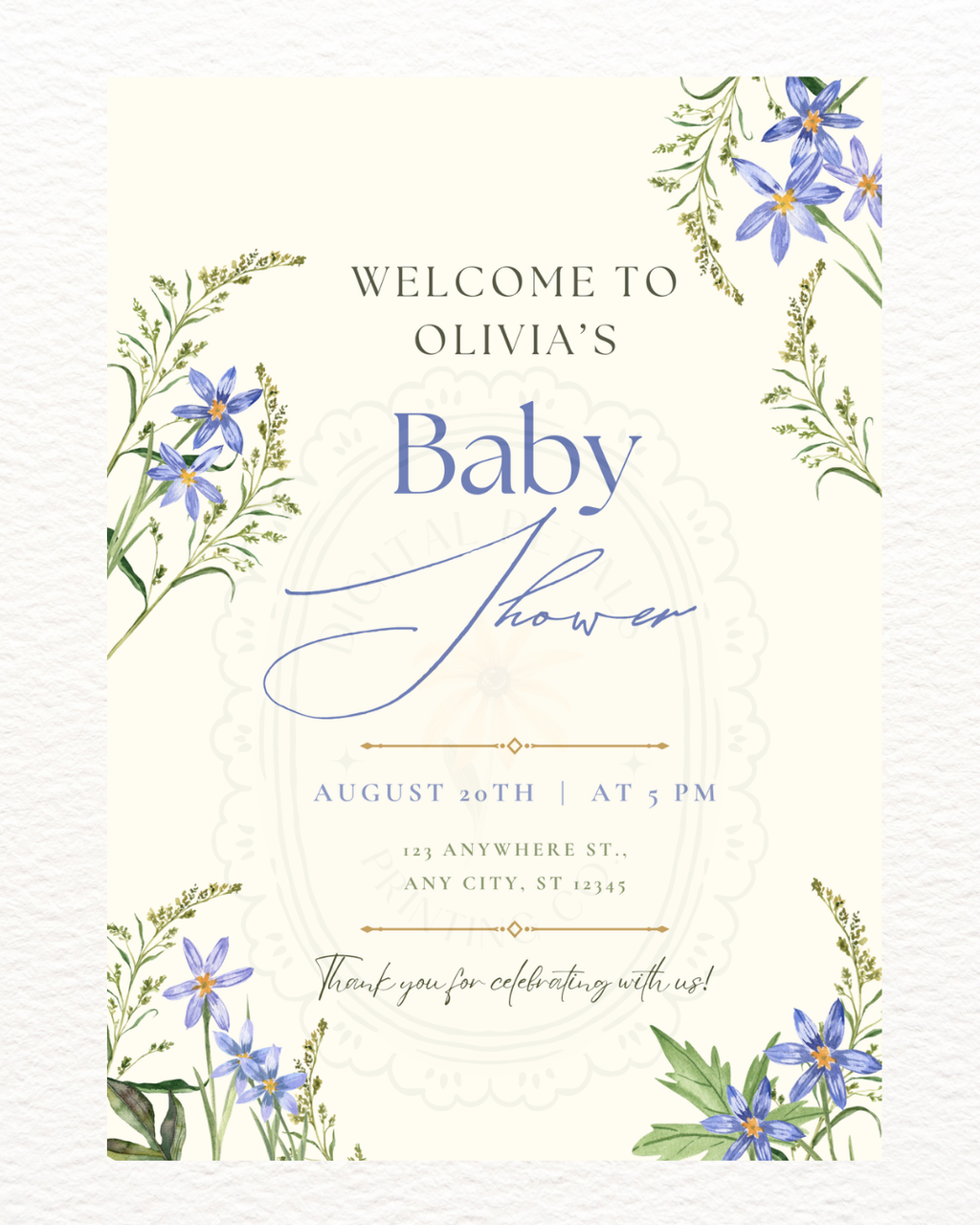 Powder Blue Wildflower Baby Shower Welcome Sign | Editable Canva Template | Digital Download
