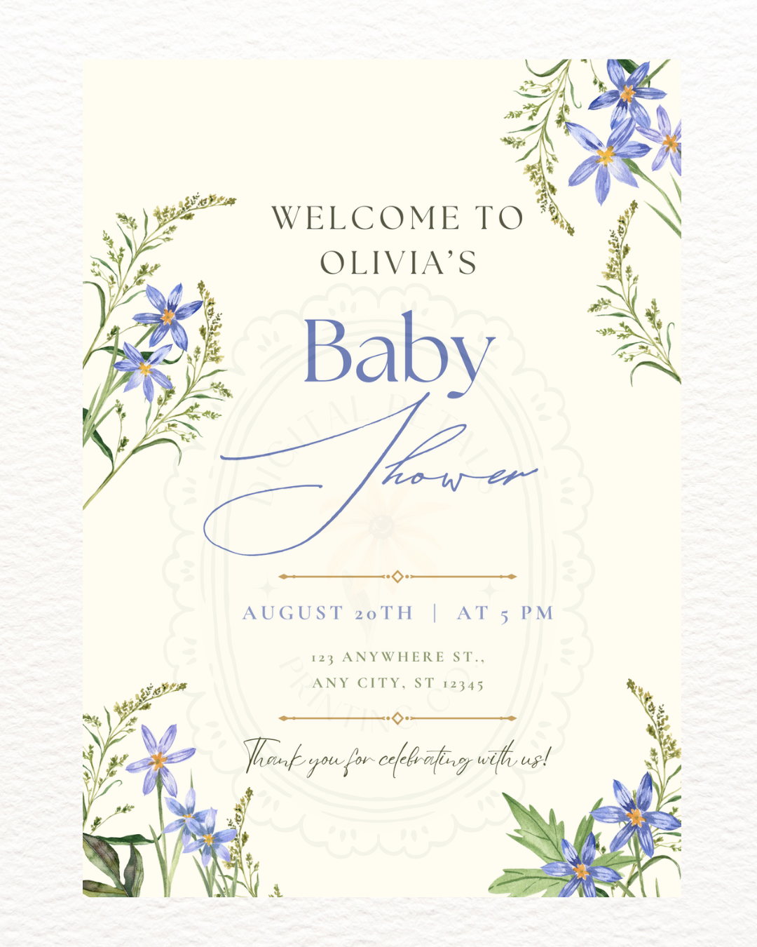 Powder Blue Wildflower Baby Shower Welcome Sign | Editable Canva Template | Digital Download