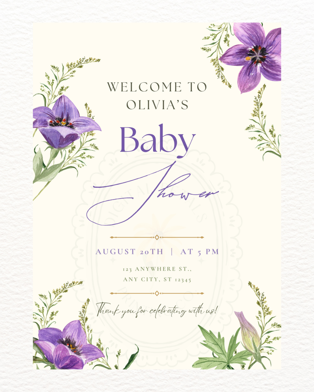 Violet & Periwinkle Wildflower Baby Shower Welcome Sign | Editable Canva Template | Digital Download