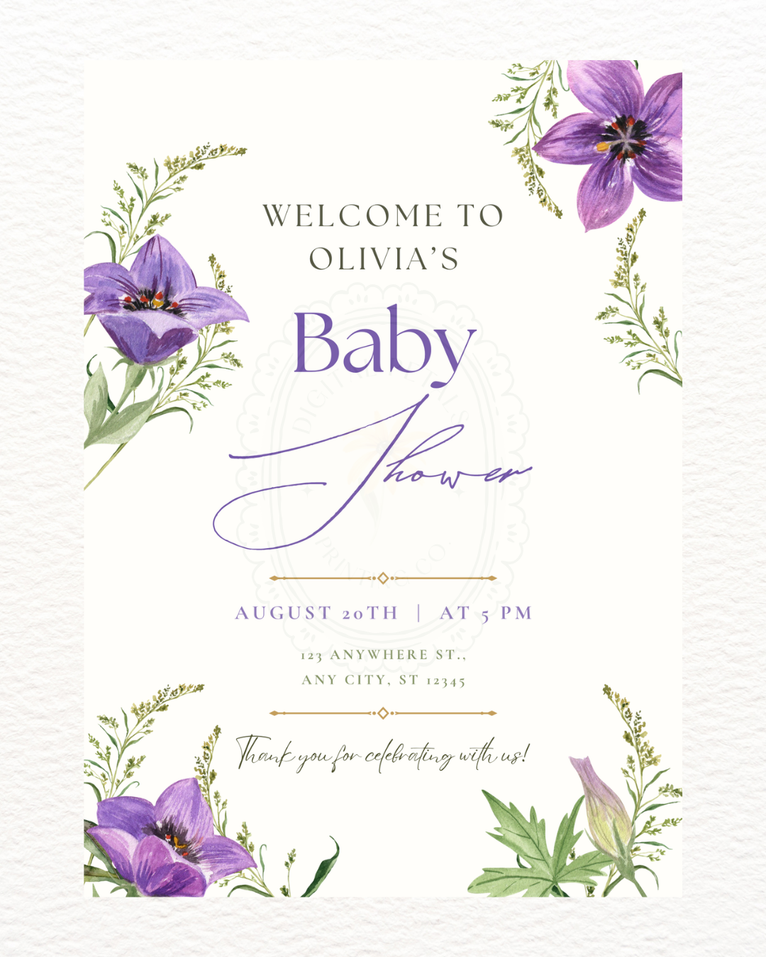 Violet Wildflower Baby Shower Welcome Sign | Editable Canva Template | Digital Download