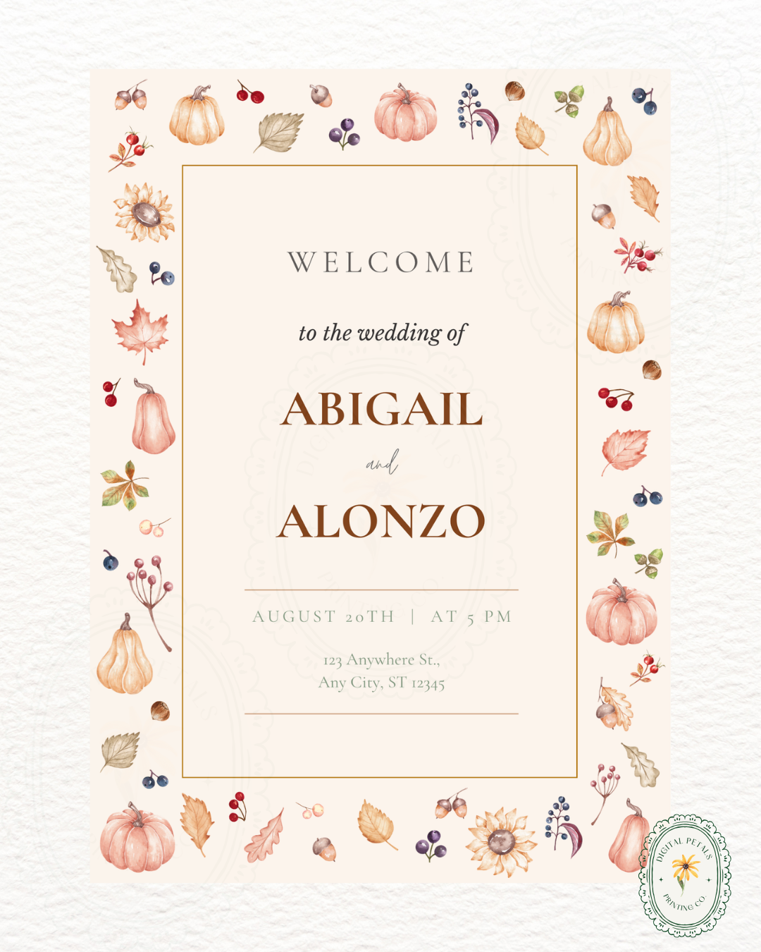 Autumn Harvest Wildflowers Wedding Welcome Sign Template | Editable Canva Digital Download
