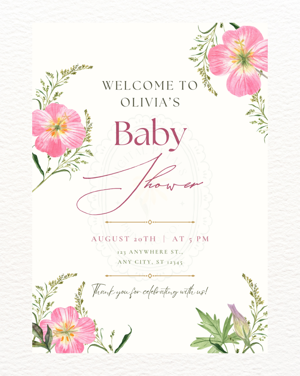 Pink Wildflower Baby Shower Welcome Sign | Editable Canva Template | Digital Download