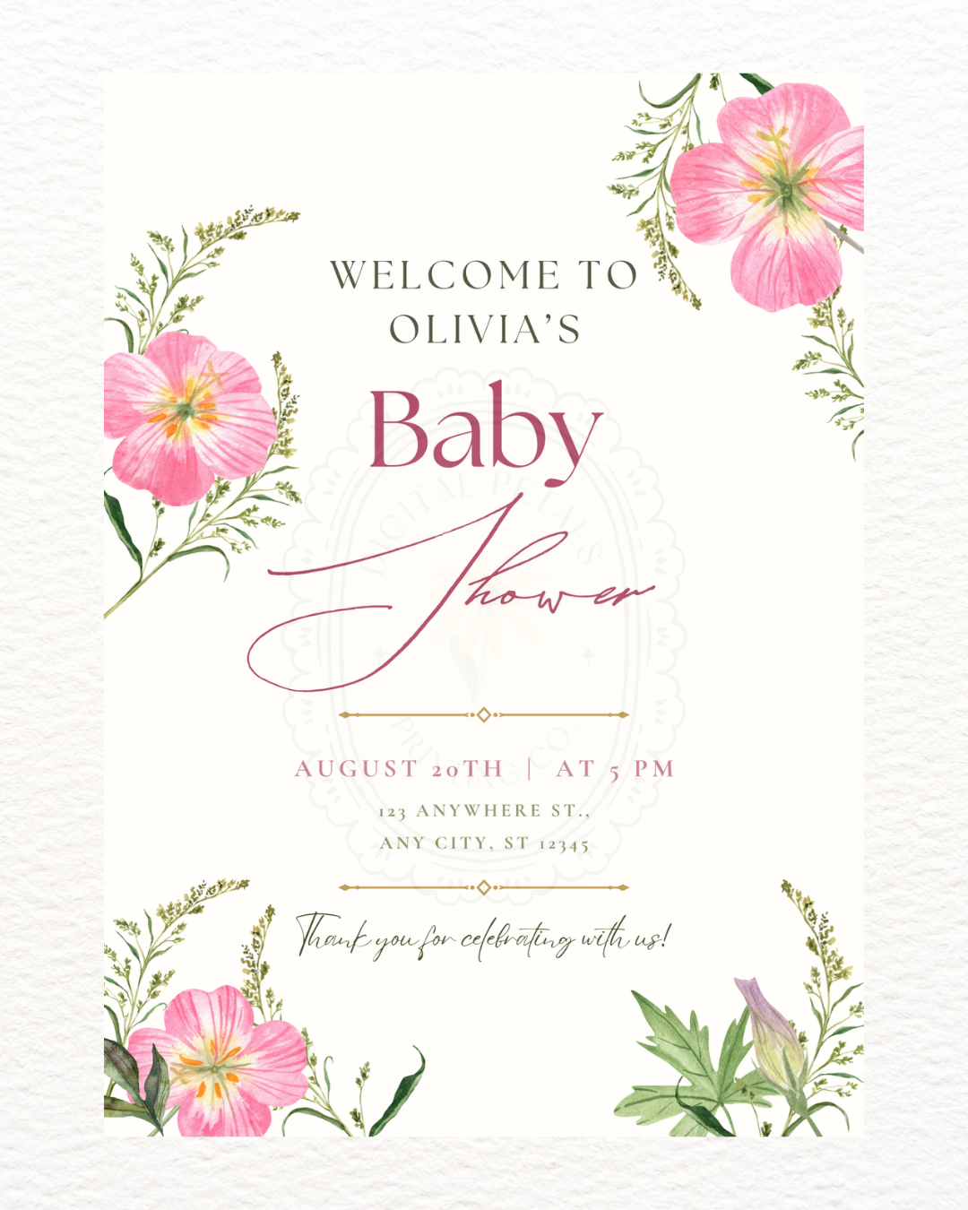 Pink Wildflower Baby Shower Welcome Sign | Editable Canva Template | Digital Download