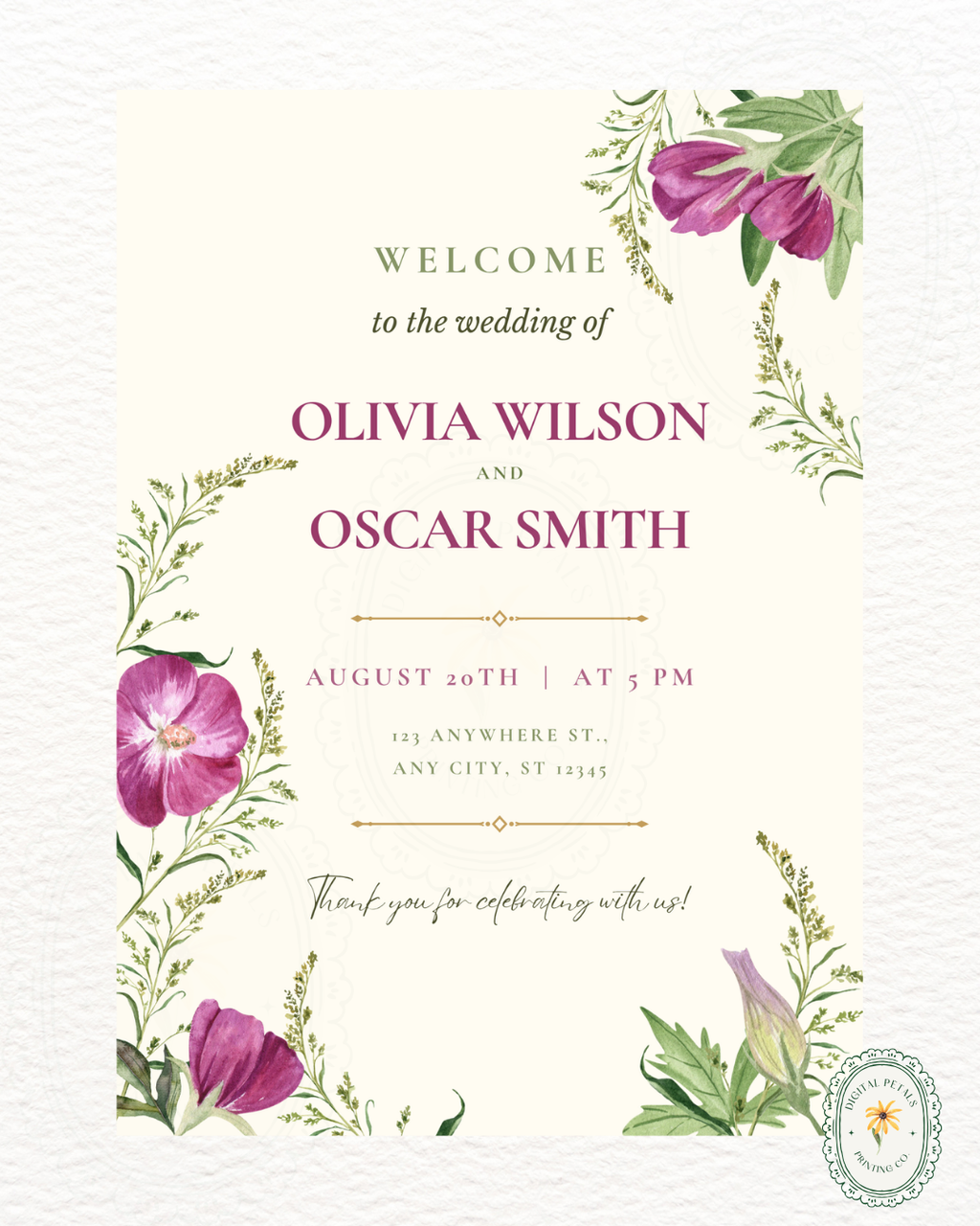 Lavender & Lilac Wildflower Wedding Welcome Sign | Editable Canva Template | Digital Download