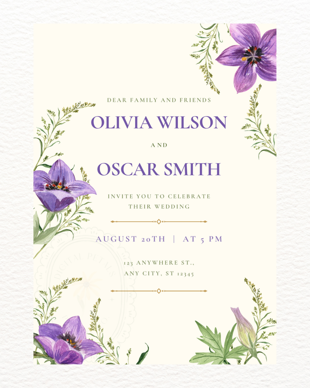 Violet & Periwinkle Wildflower Wedding Invitation | Minimalist Printable Invite | Digital Download