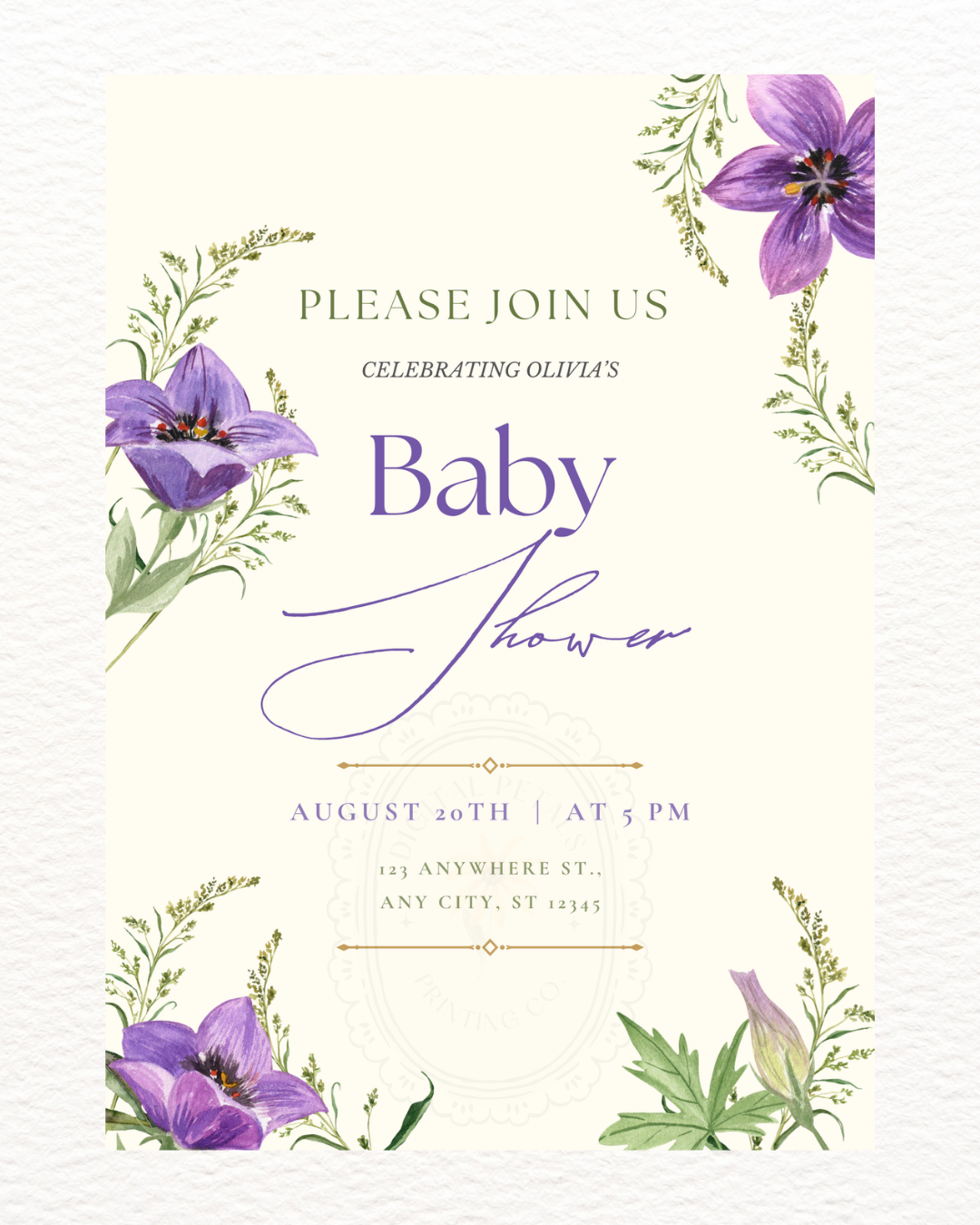 Violet & Periwinkle Wildflower Baby Shower Invitation | Minimalist Printable Invite | Digital Download
