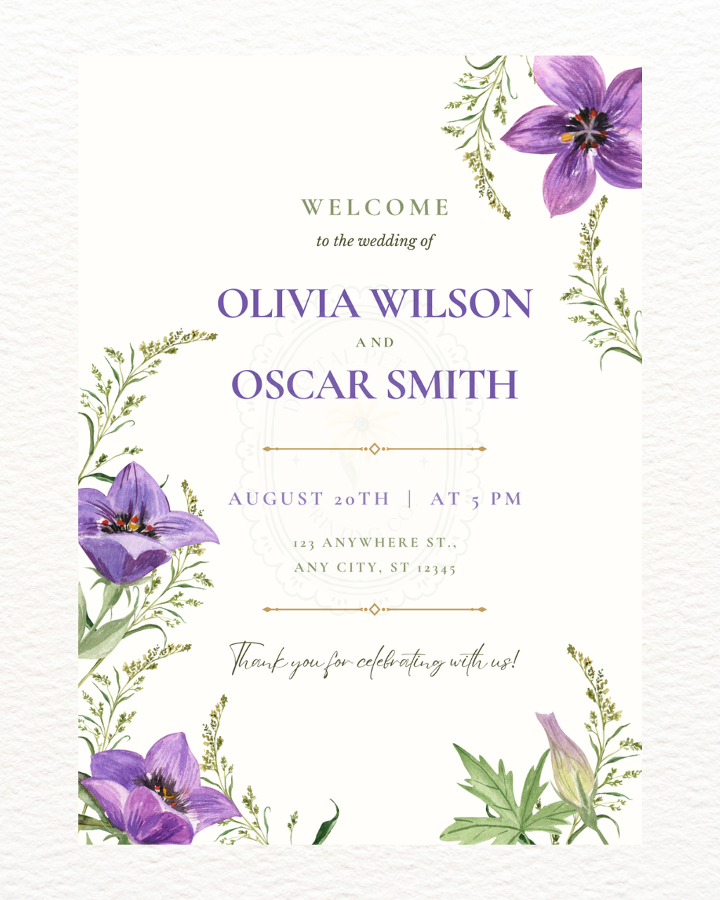Violet Wildflower Wedding Welcome Sign | Editable Canva Template | Digital Download
