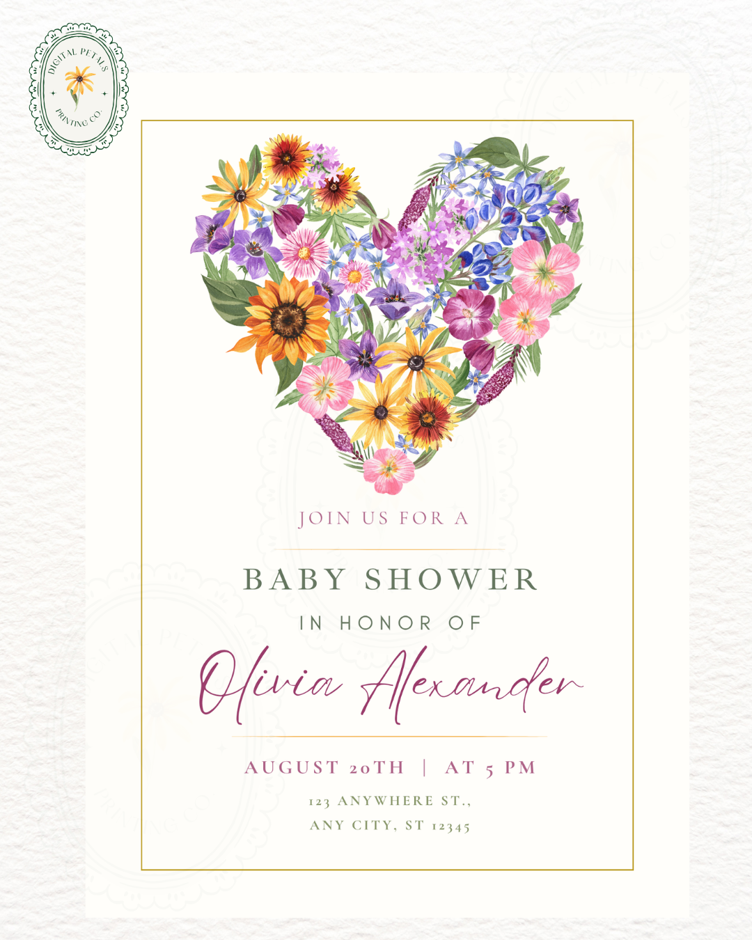Boho Wildflower Heart Baby Shower Invitation — Editable Digital Download Template