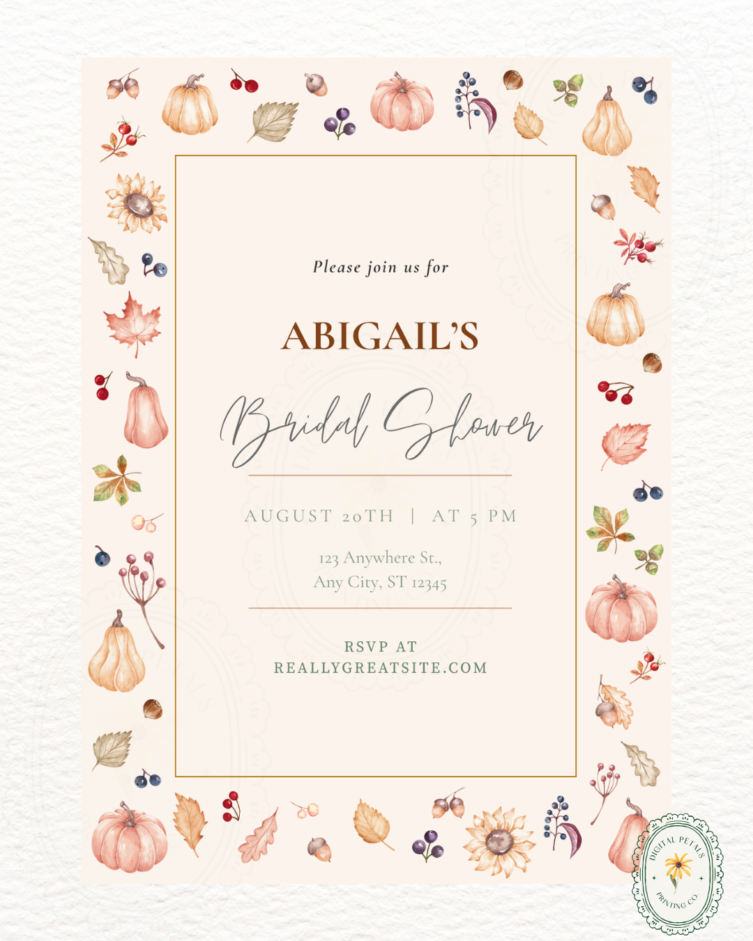 Autumn Harvest Wildflowers Bridal Shower Invitation Template | Editable Canva Digital Download