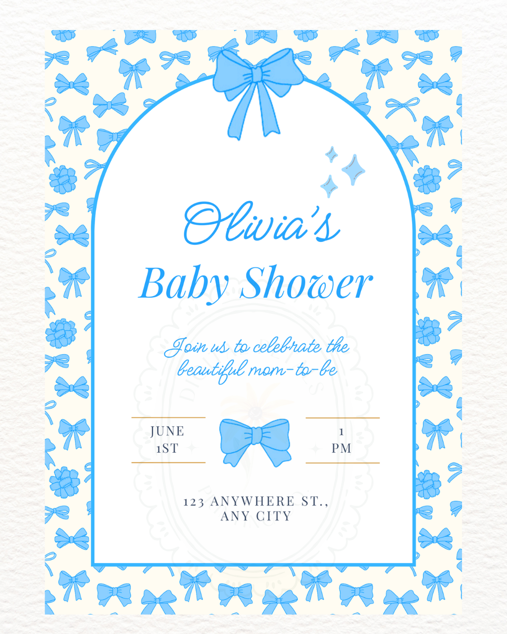 Baby Shower Invitation Template | Powder Blue Ribbons & Bows | Canva Editable
