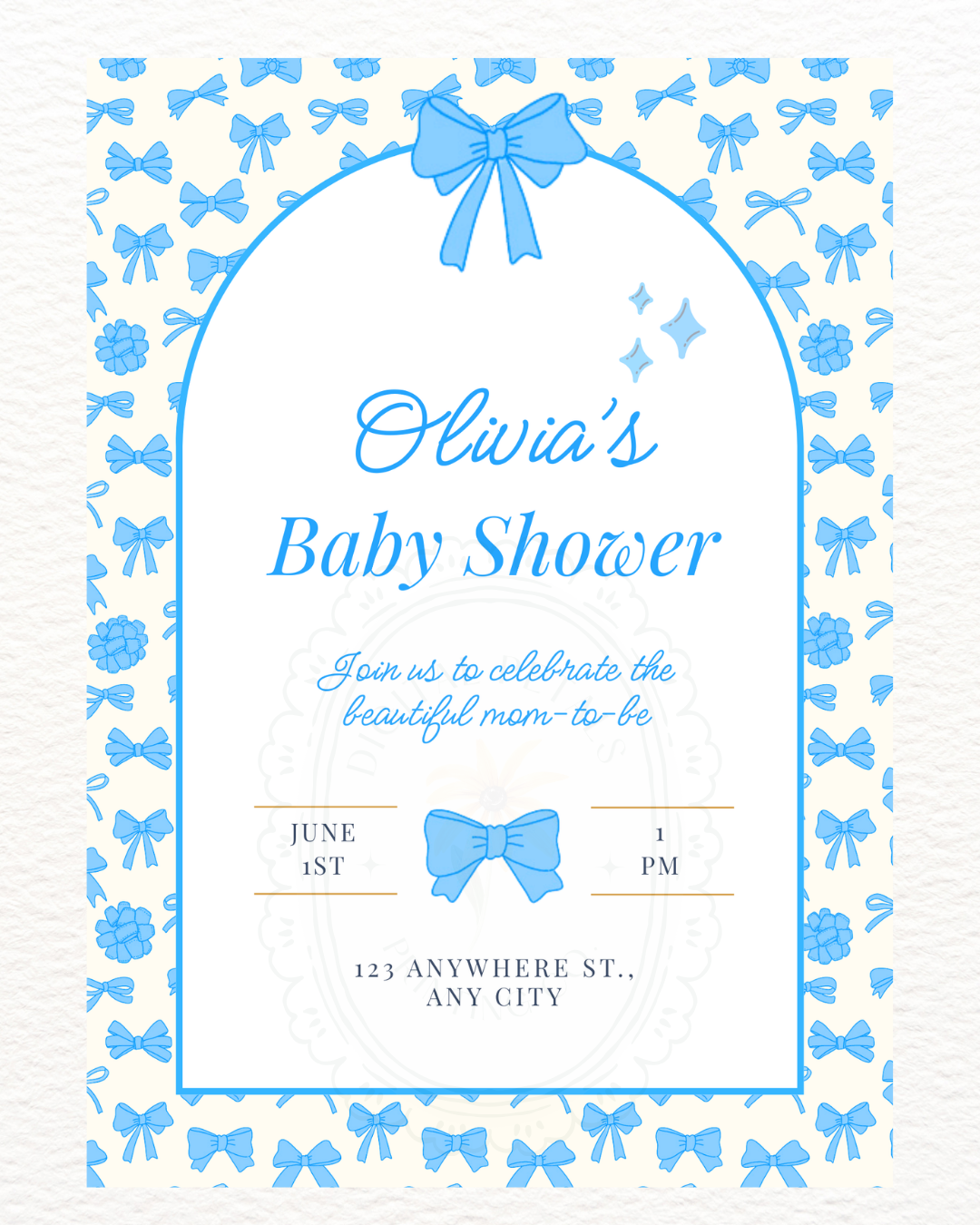 Baby Shower Invitation Template | Powder Blue Ribbons & Bows | Canva Editable
