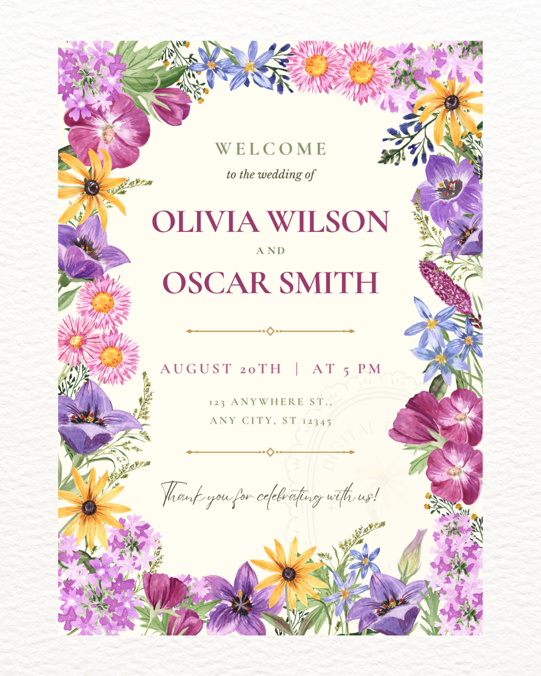 Boho Colorful Wildflower Wedding Welcome Sign | Editable Canva Template | Digital Download