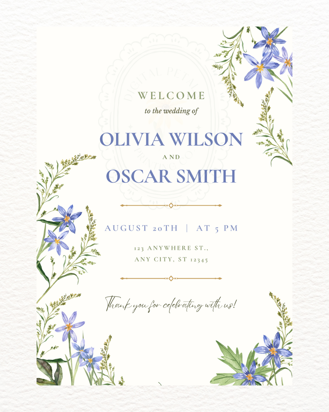 Blue Wildflower Wedding Welcome Sign | Editable Canva Template | Digital Download