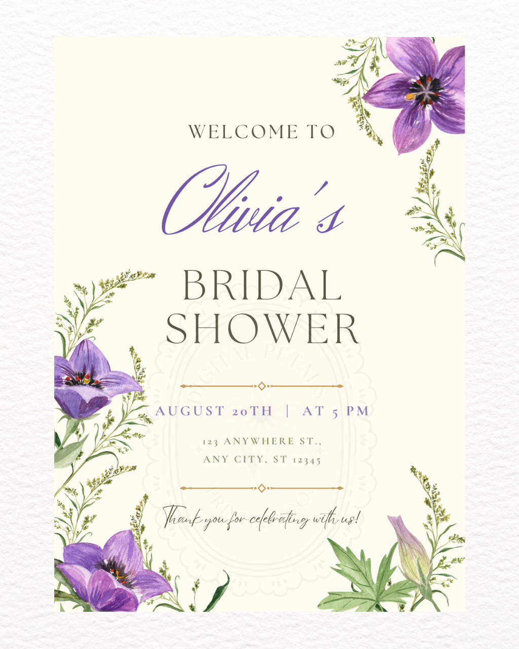 Violet & Periwinkle Wildflower Bridal Shower Welcome Sign | Editable Canva Template | Digital Download