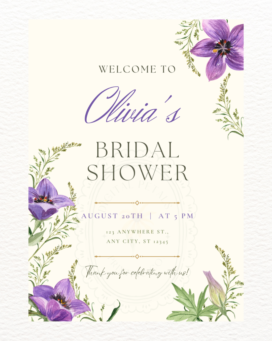 Violet & Periwinkle Wildflower Bridal Shower Welcome Sign | Editable Canva Template | Digital Download