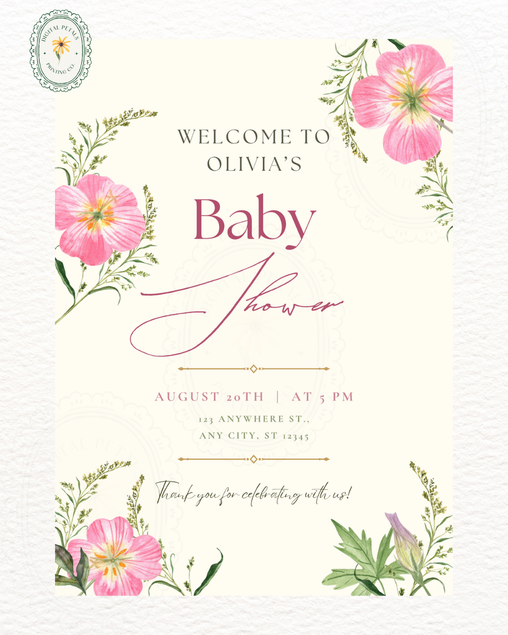 Dusty Rose & Blush Pink Wildflower Baby Shower Welcome Sign | Editable Canva Template | Digital Download