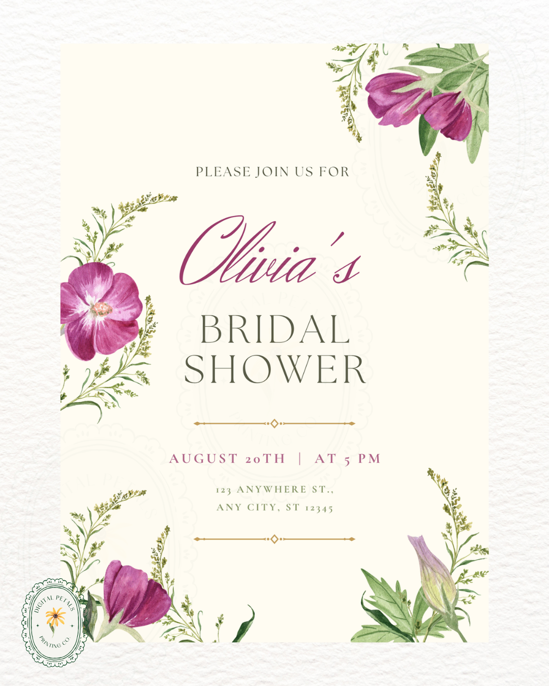Lavender & Lilac Wildflower Bridal Shower Invitation | Minimalist Printable Invite | Digital Download