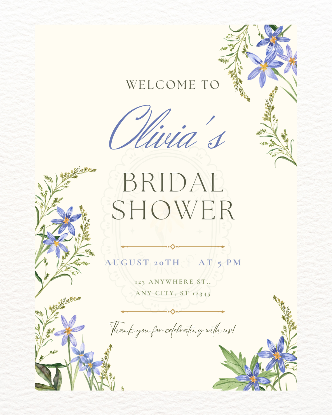 Powder Blue Wildflower Bridal Shower Welcome Sign | Editable Canva Template | Digital Download